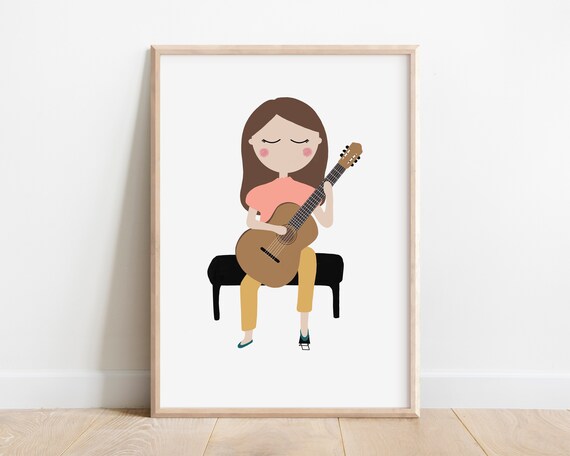 Girl Playing Classical Guitar Seated Kids Music Instrument Art Poster