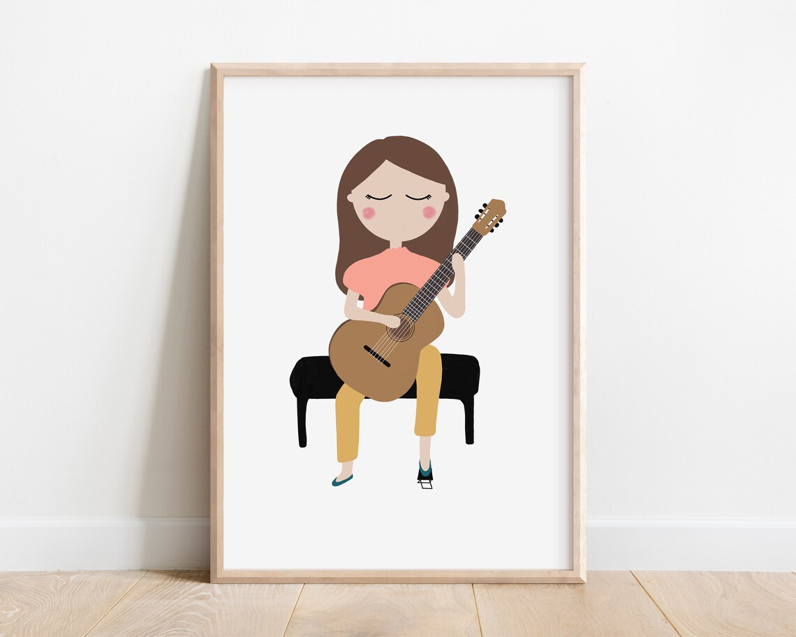 Girl Playing Classical Guitar Seated Kids Music Instrument Art Poster
