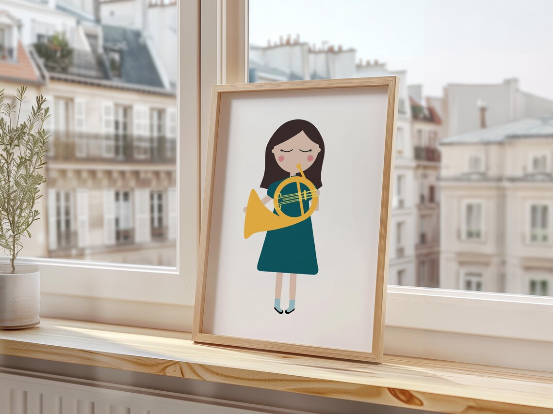 Girl Playing Golden French Horn Teal Dress Kids Music Instrument Poster - Image 2