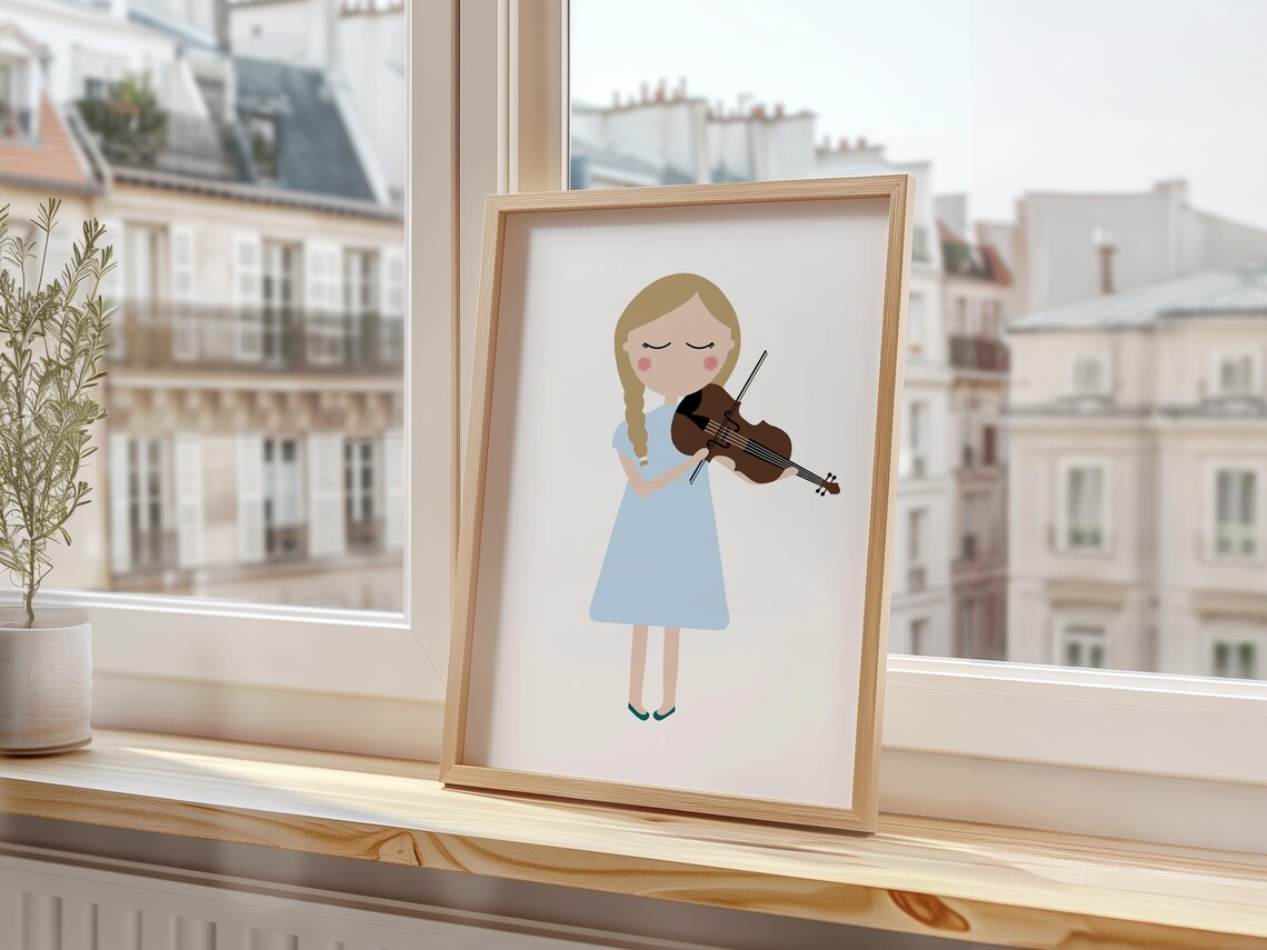 Girl Playing Viola Blue Dress Kids String Instrument Music Art Poster - Image 3