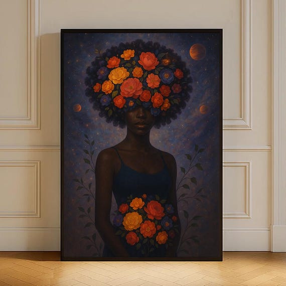 Wall Art African Woman With Flowers Afro Afrocentric Floral Hair Poster Cosmic Feminine Print Illustration Decor Gift