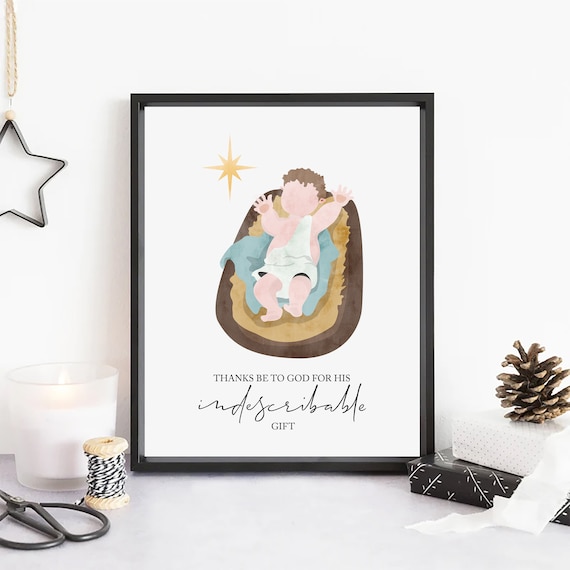 Baby Jesus in the Manger With Indescribable Gift Scripture Poster