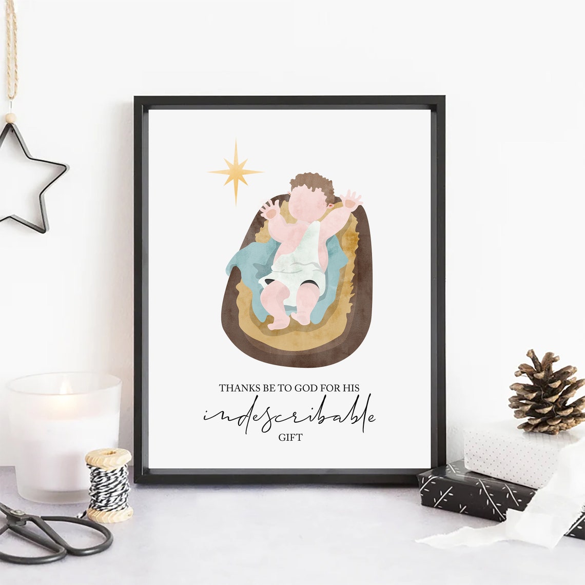 Baby Jesus in the Manger With Indescribable Gift Scripture Poster