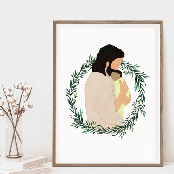 Jesus Holding a Baby in Botanical Wreath Watercolor Art Poster