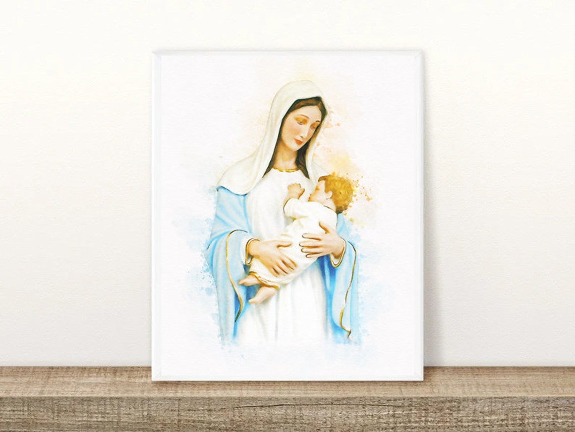 Virgin Mary With Baby Jesus Watercolor Wall Art Wall Decor Nursery Art Print Boys Room Girls Room Kids Art Baby Shower Gift