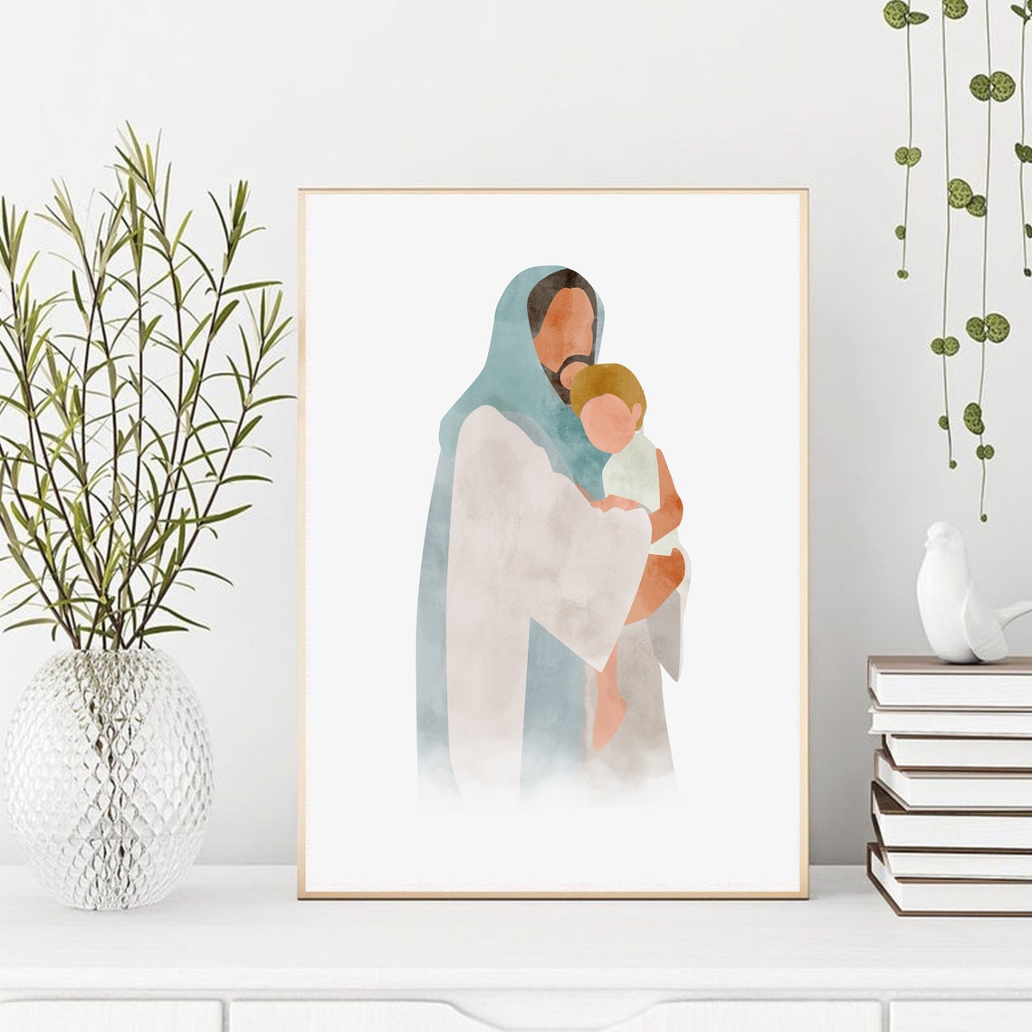 Jesus Embracing Blonde Child Watercolor Christian Portrait Poster