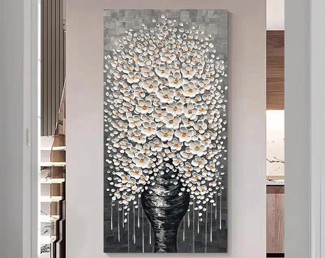 Black Vase with White Flowers Textured Abstract Floral Wall Art