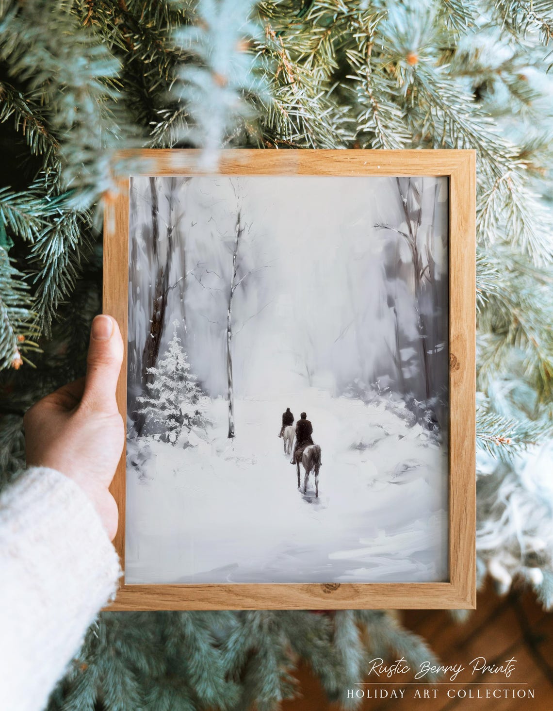 Horseback Riders Riding into Misty Snowy Forest Winter Art Poster