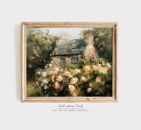 Vintage Cottage Oil Painting Wall Art Garden Pink Flowers Spring Decor Moody Cottagecore Academia