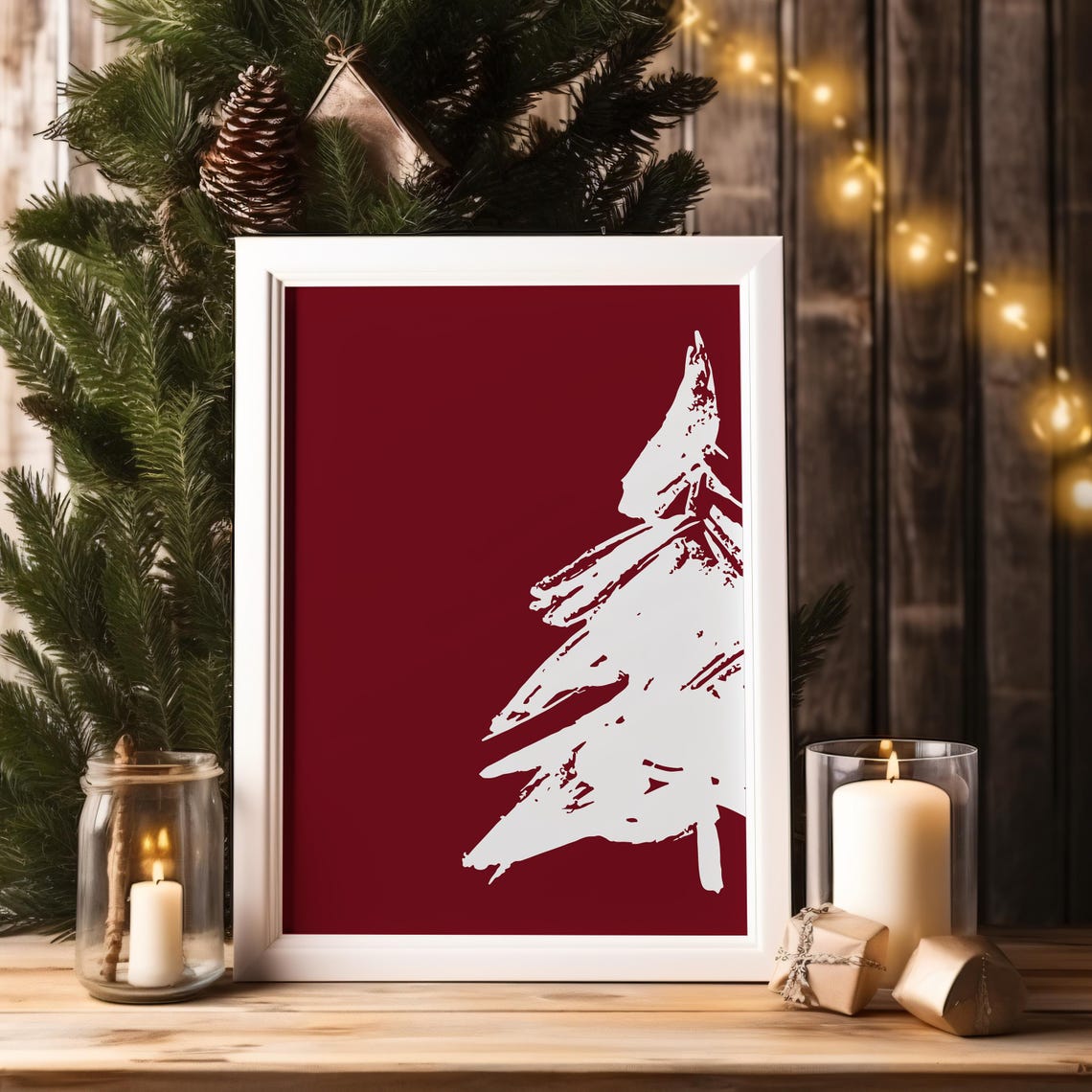 White Brushstroke Christmas Tree Deep Red Minimalist Holiday Poster