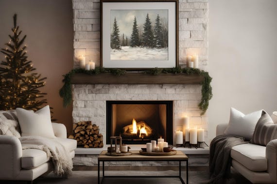 Vintage Snowy Evergreen Forest Painting Holiday Wall Art