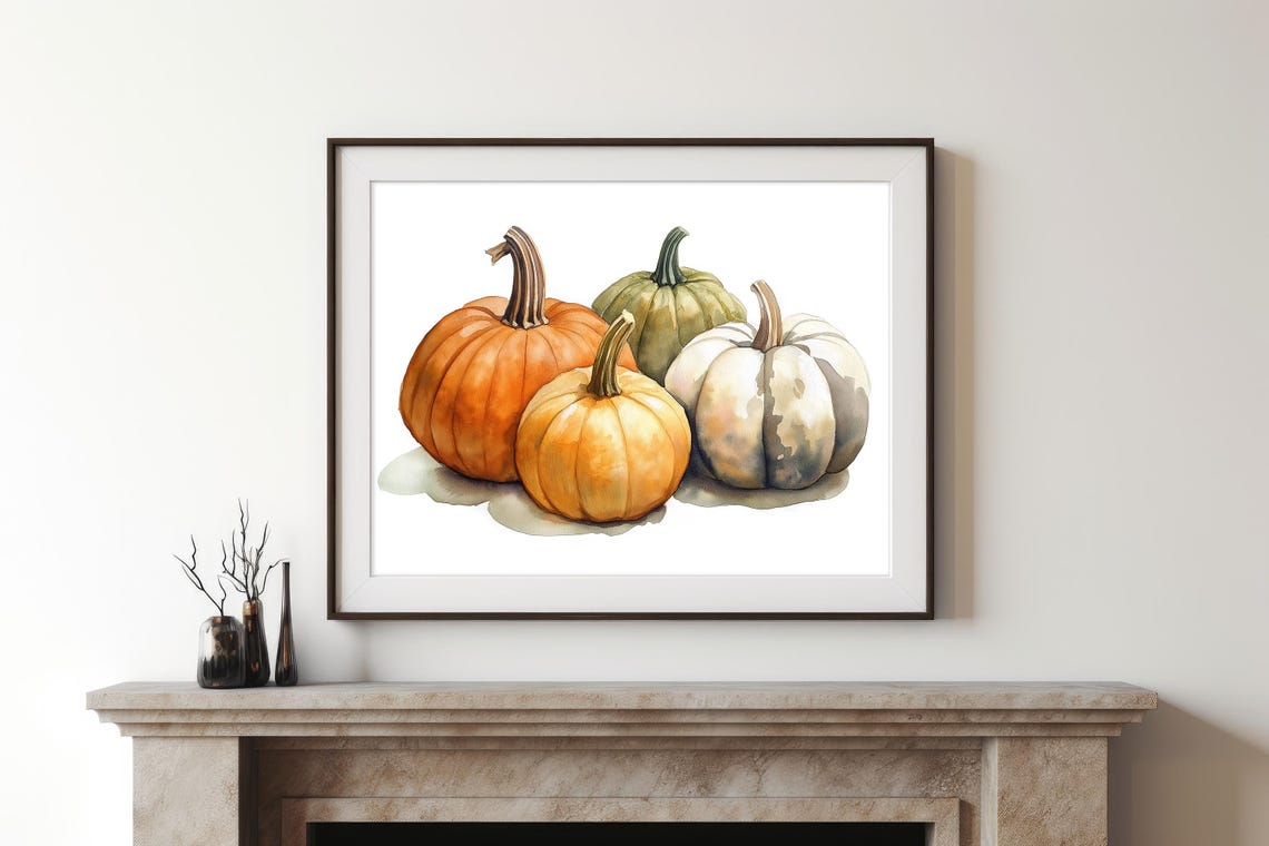 Watercolor Pumpkins Orange White Green Fall Harvest Decor Poster