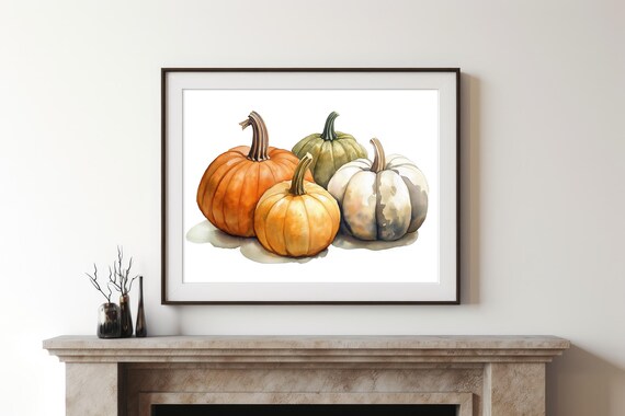 Watercolor Pumpkins Orange White Green Fall Harvest Decor Poster