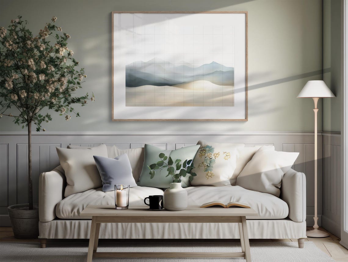 Serene Misty Mountain Layers Soft Abstract Coastal Nature Poster