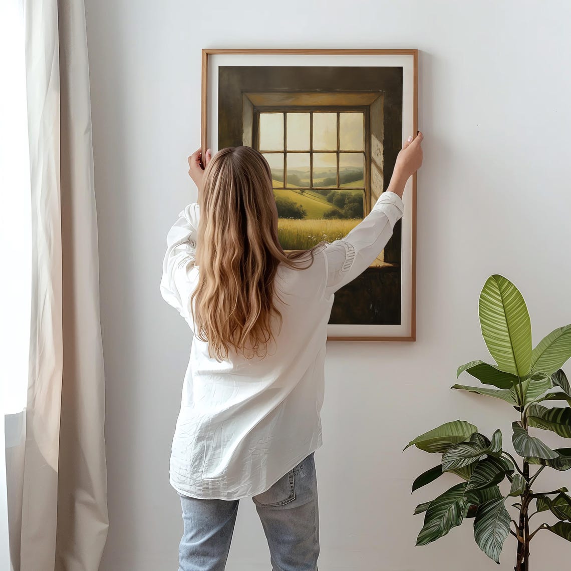 Rustic Window Golden Meadow Vintage Countryside Landscape Poster