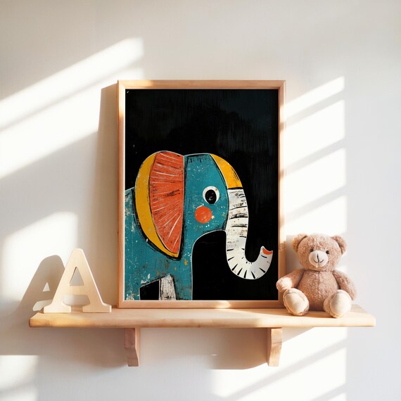 Elephant Print Nursery Decor Abstract Animal Art Kids Room Playroom Wall Instant Home
