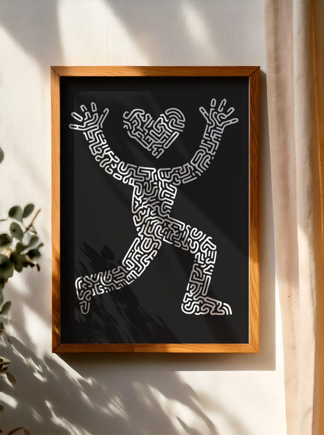 Joyful Line Art Figure Holding a Heart in Maze Pattern Poster
