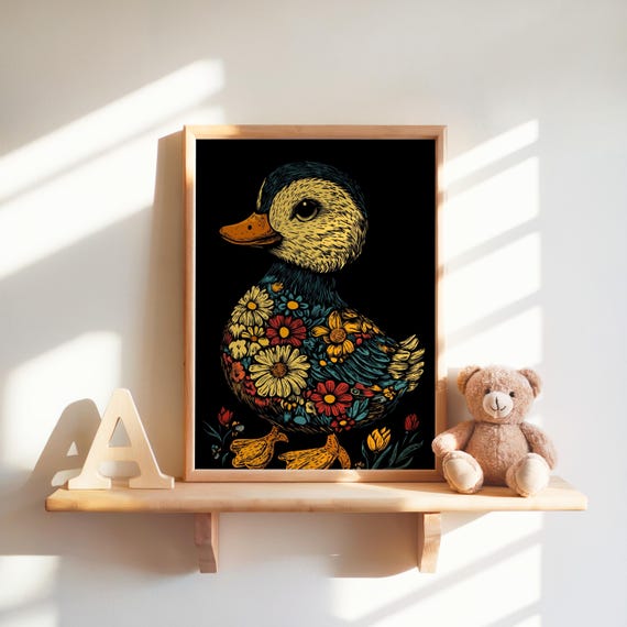 Floral Duck Print Nursery Art Flower Animal Cute Duckling Decor Spring Instant Wall