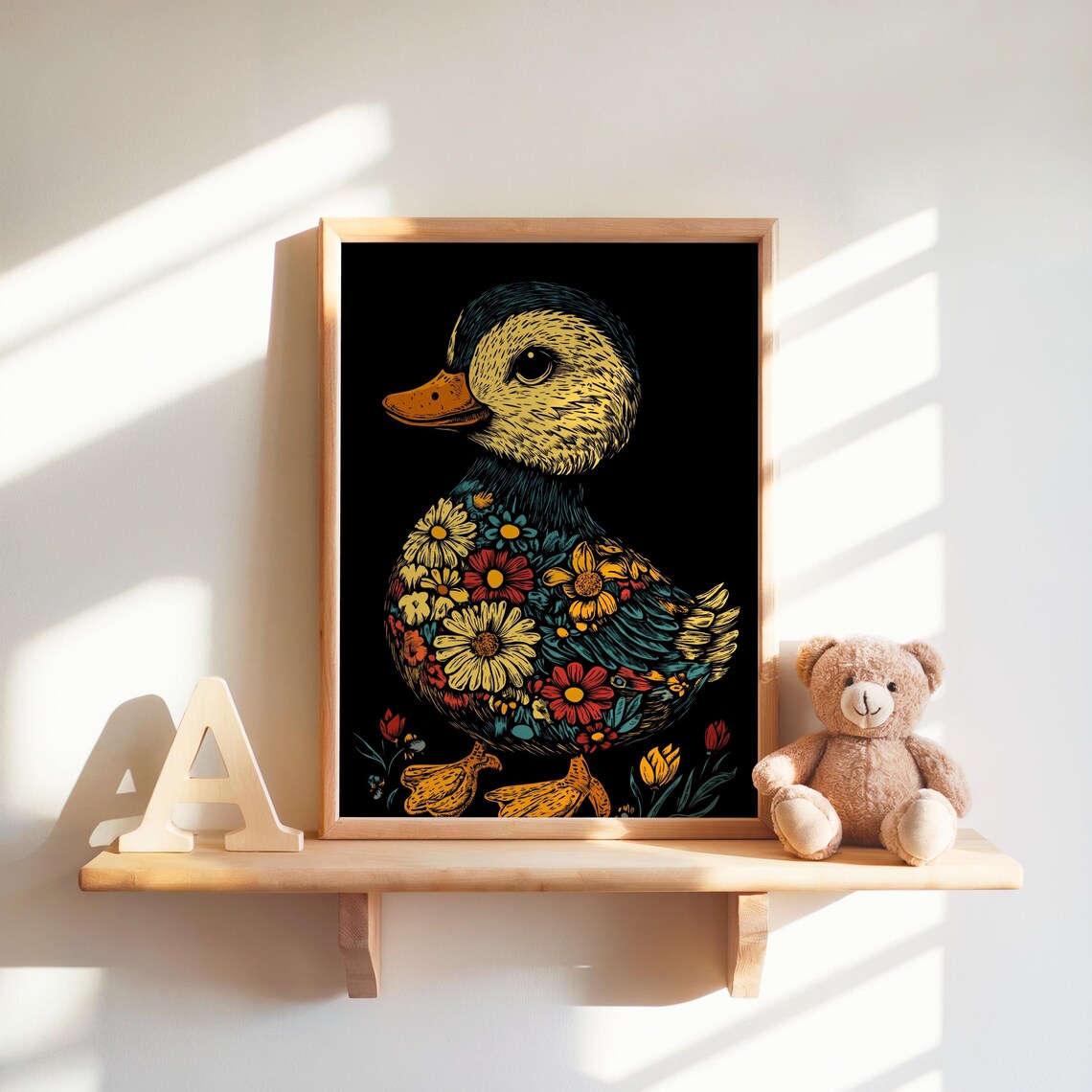 Floral Duck Print Nursery Art Flower Animal Cute Duckling Decor Spring Instant Wall