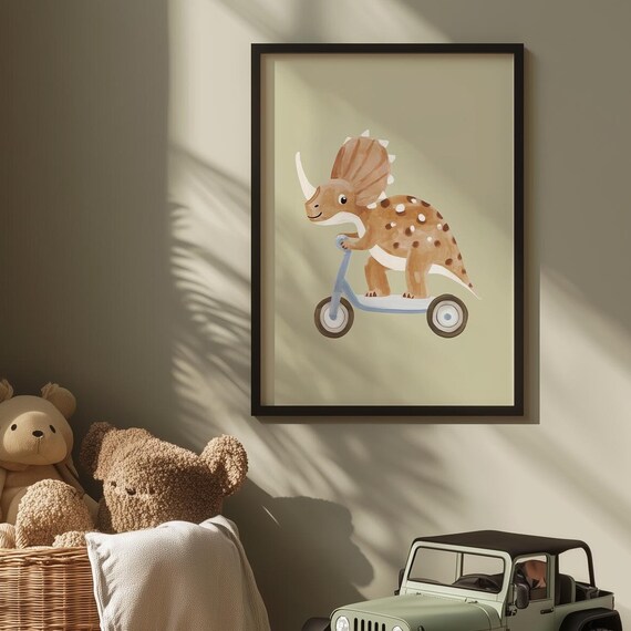Triceratops on Scooter Kids Room Print Cute Dinosaur Riding Sage Green Art