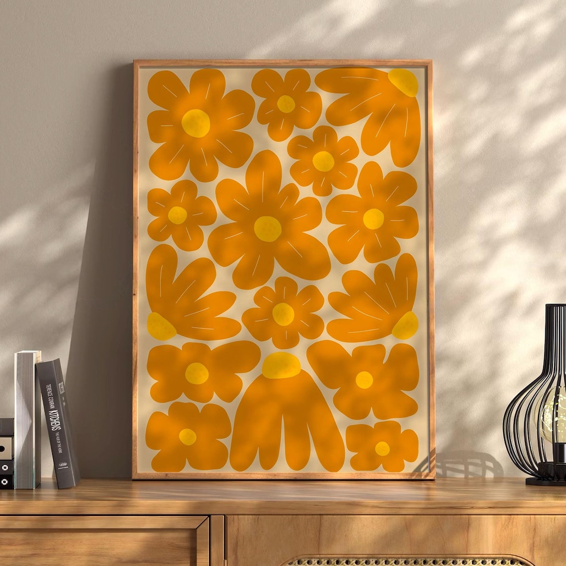 Orange Daisy Floral Pattern Retro Abstract Botanical Wall Art