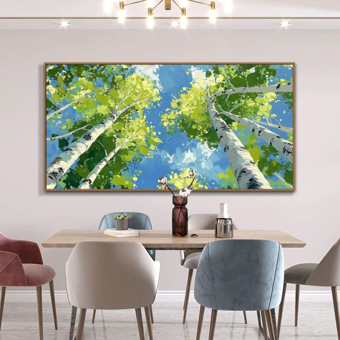 Green Birch Forest Abstract Oil Painting - Image 3