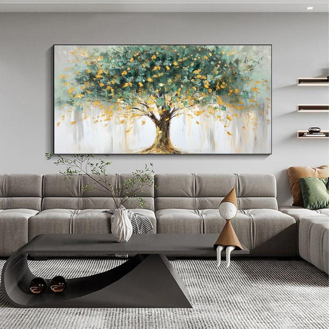 Lush Golden Green Money Tree Symbol of Prosperity Panoramic Wall Art - Image 3