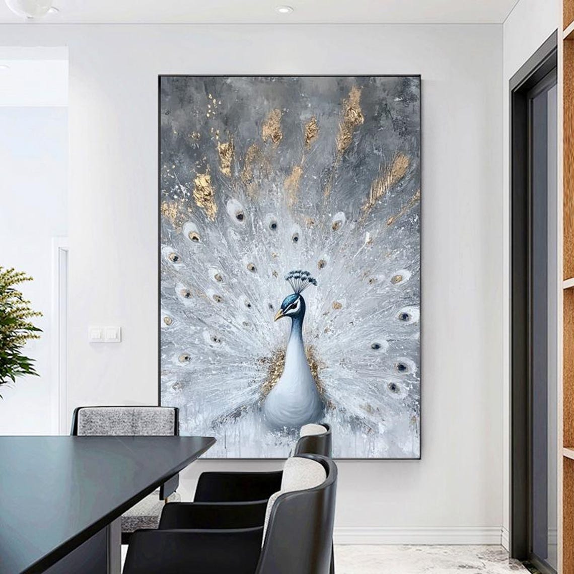 White Peacock With Gold Feathers Grey Elegant Bird Painting Poster