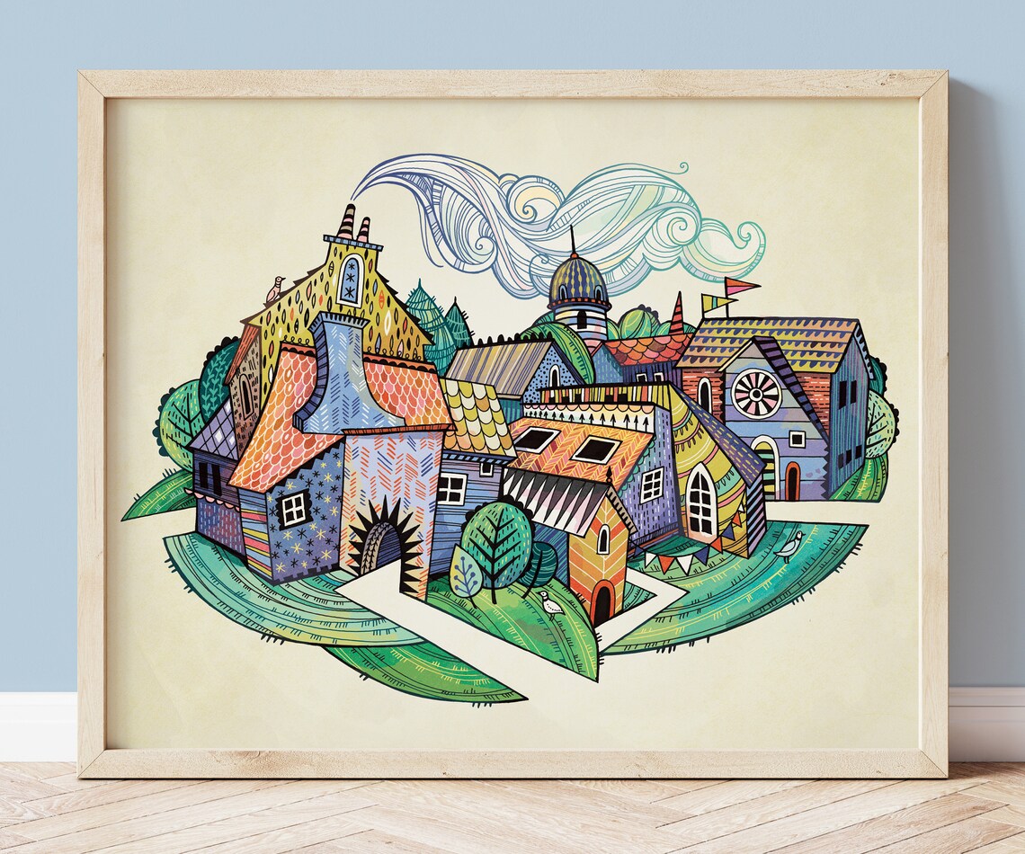 Fairy Tale Village Art Print, Whimsical Nursery Decor