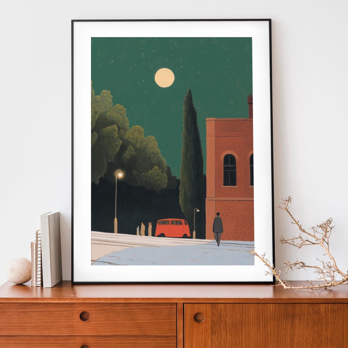 Dreamy Night Full Moon With Red Van Surreal Minimalist Poster