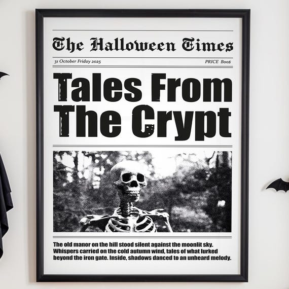 Vintage Halloween Newspaper Poster Gothic Skeleton Wall Art Spooky Haunted House Decor For Creepy Autumn Home Styling