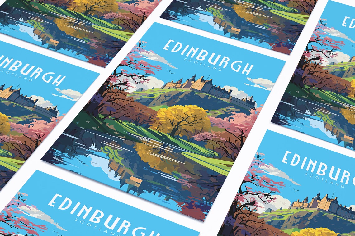 Edinburgh Scotland Castle Autumn Trees Reflection Travel Poster - Image 3
