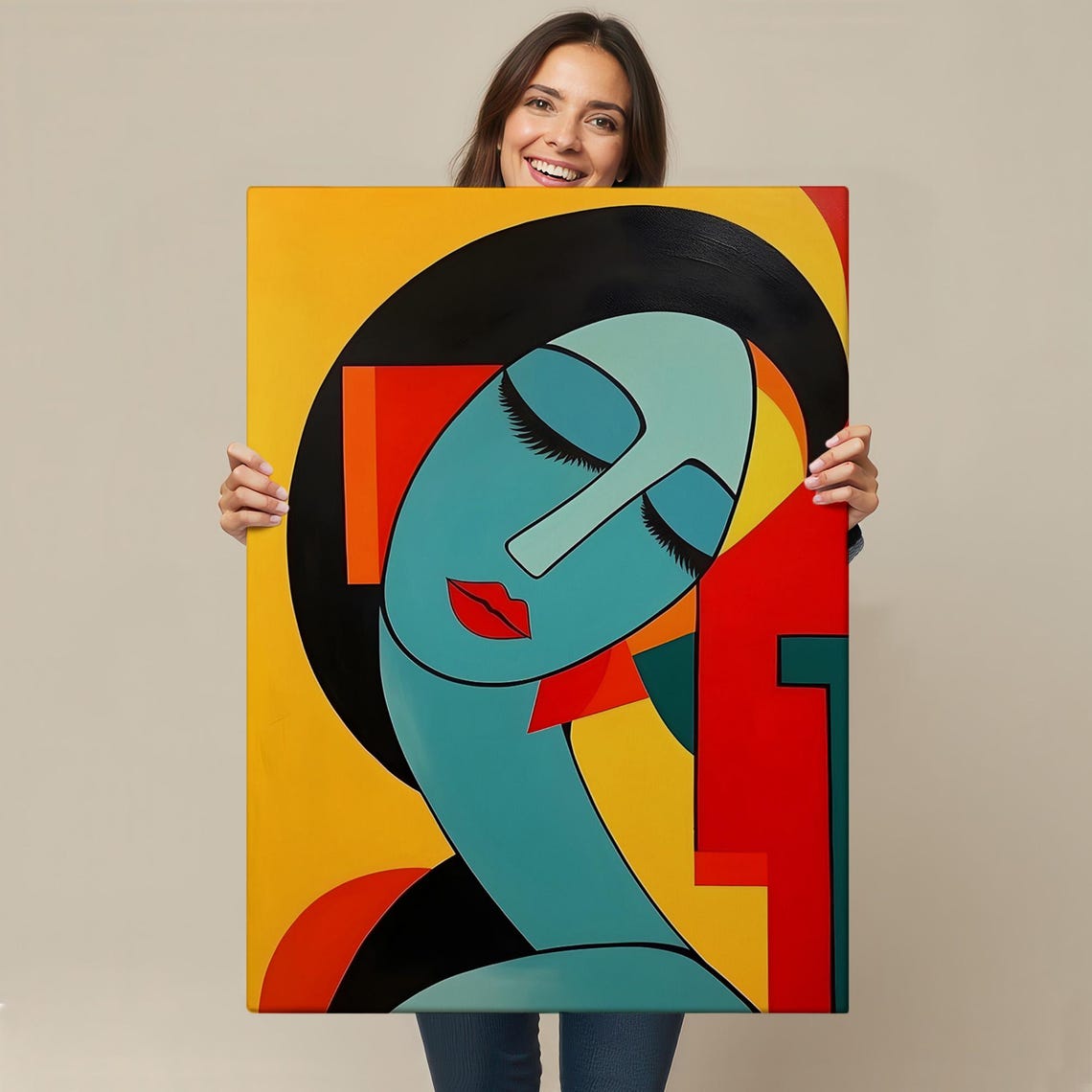 Cubist Woman Face Teal Red Yellow Geometric Modern Abstract Art Poster - Image 4
