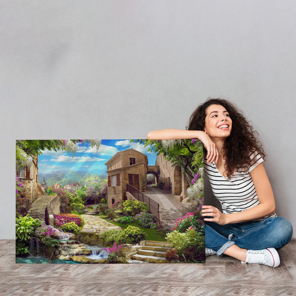 European Village Stone Houses Waterfall Flower Gardens View Poster - Image 4