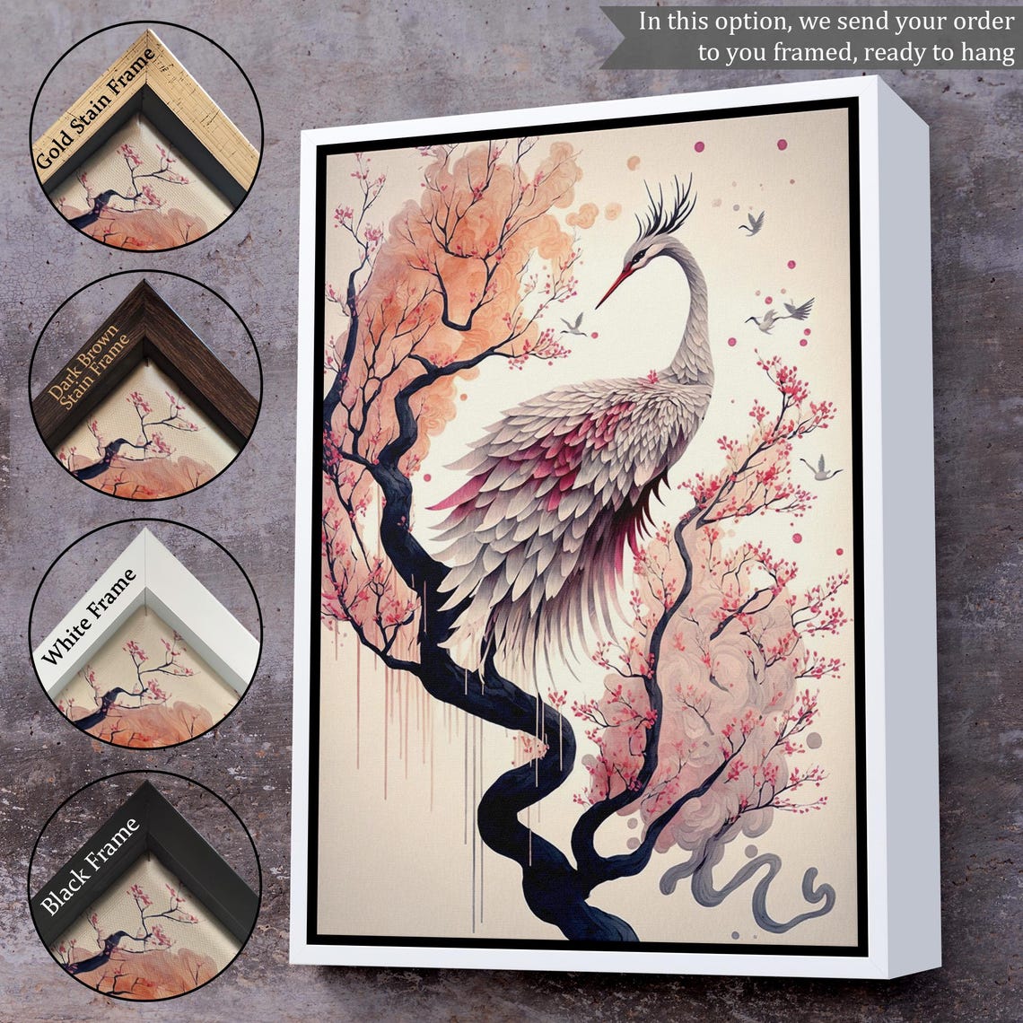 Elegant Crane Cherry Blossom Branch Japanese Watercolor Art Poster - Image 3