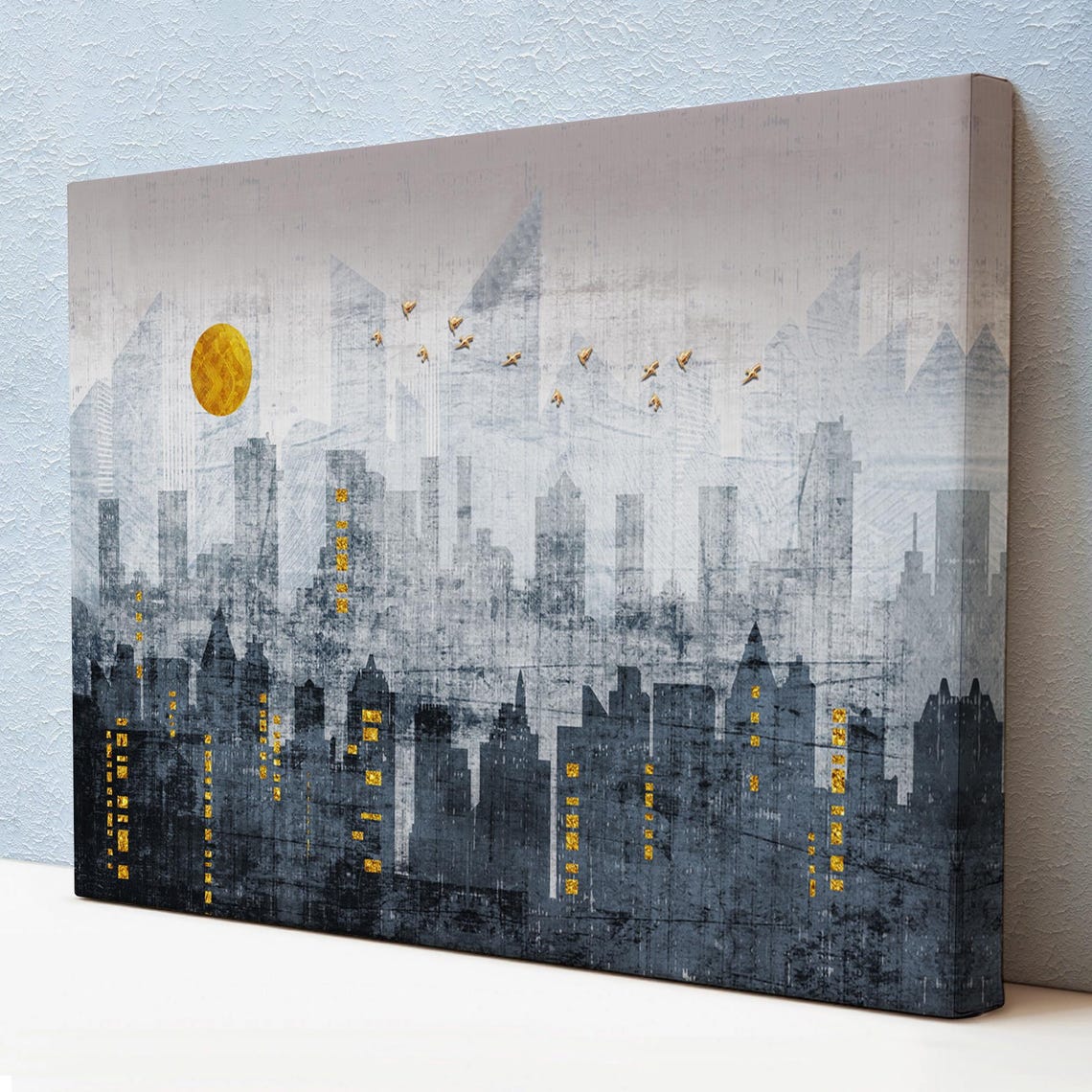 Gray Modern City Skyline Silhouette Gold Sun Night Lights Wall Art