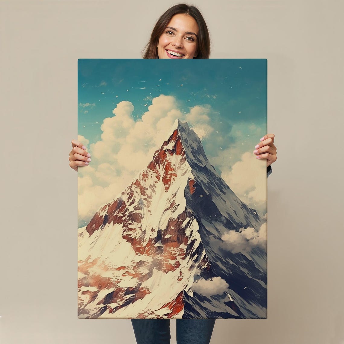 Snowy Mountain Peak Blue Sky Puffy Clouds Alpine Landscape Art Poster - Image 4