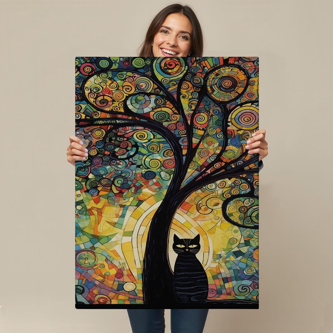 Black Cat Mosaic Tree Colorful Swirl Stained Glass Style Art Poster - Image 4