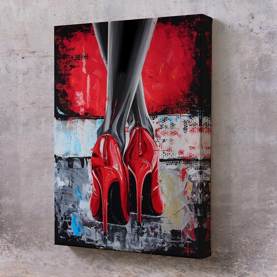 Red High Heels Woman Legs Grungy Abstract Background Glamour Art Poster
