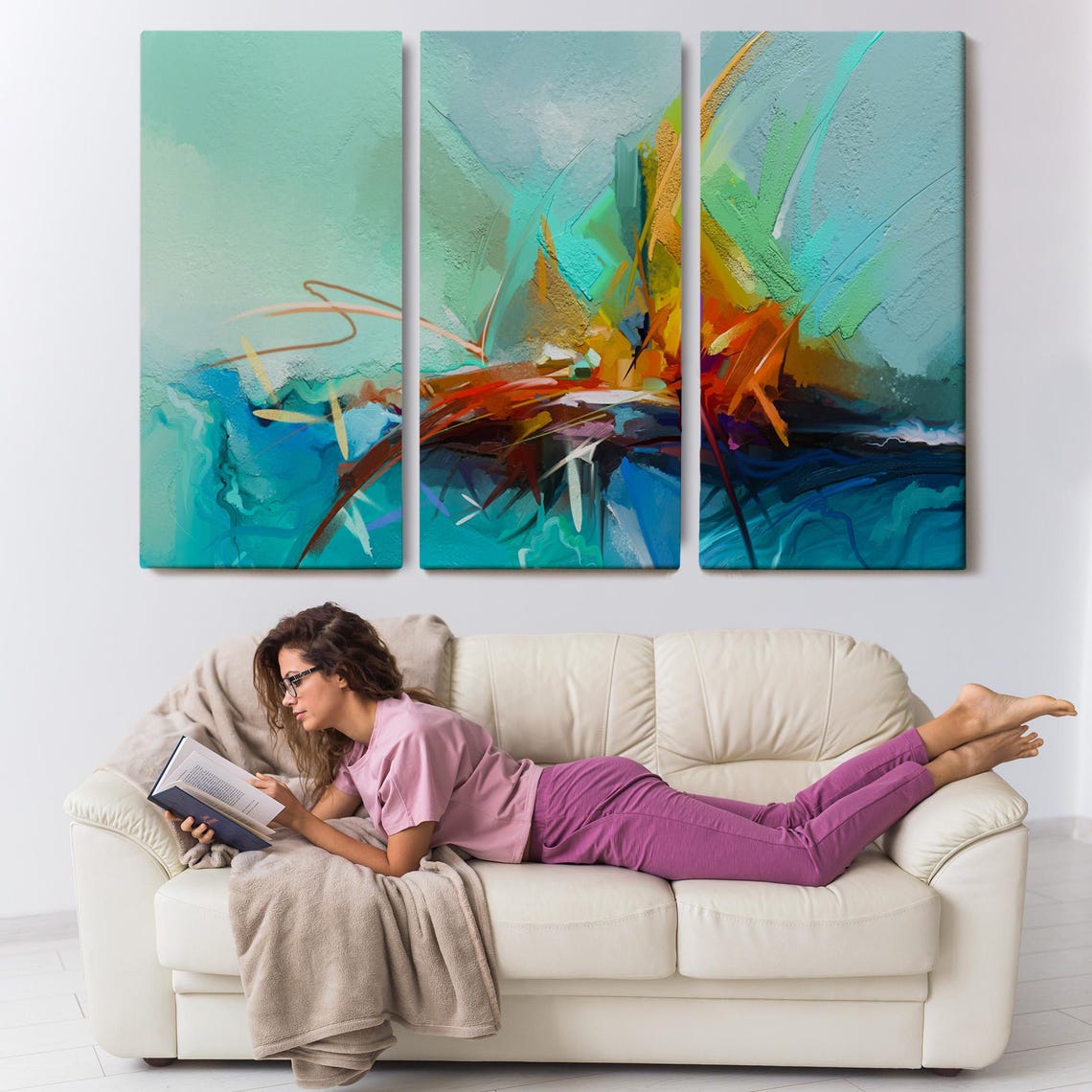 Teal Abstract Brushstrokes Warm Orange Yellow Modern Minimalist Poster - Image 3