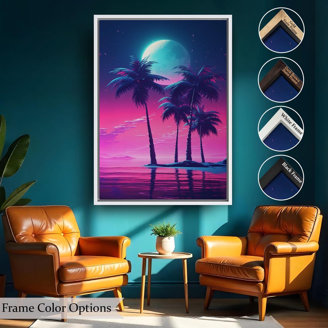 Neon Palm Trees Moon Night Synthwave Tropical Island Art Poster - Image 2