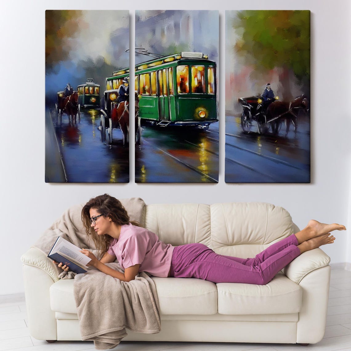 Vintage Green Tram Rainy Night Street Horse Carriage Painting Poster - Image 3