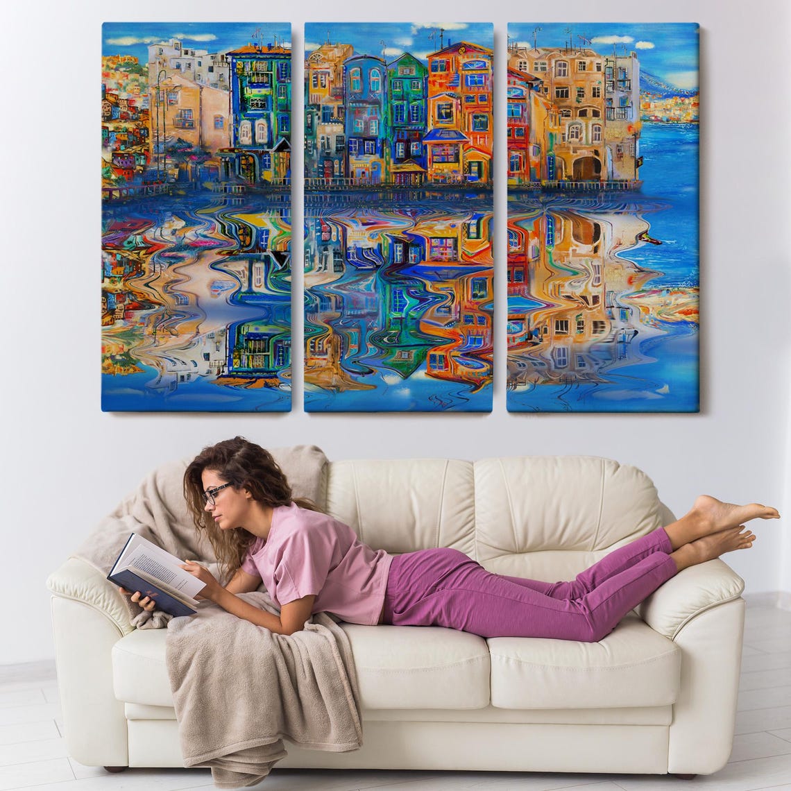 Amsterdam Canal Houses Colorful Waterfront Reflection Painting Poster - Image 3