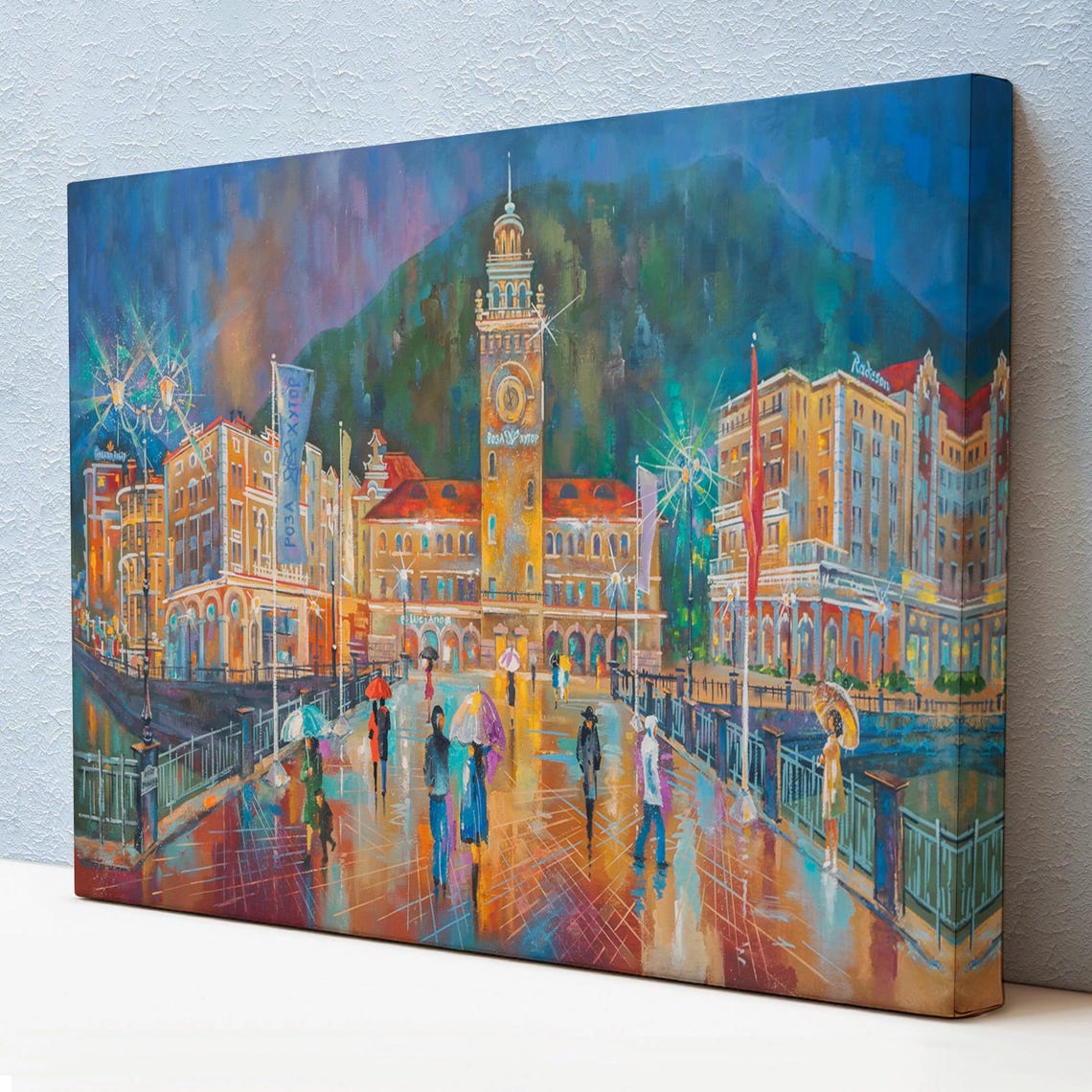 Rainy Evening Old Town Square Clock Tower Umbrella Lights Poster
