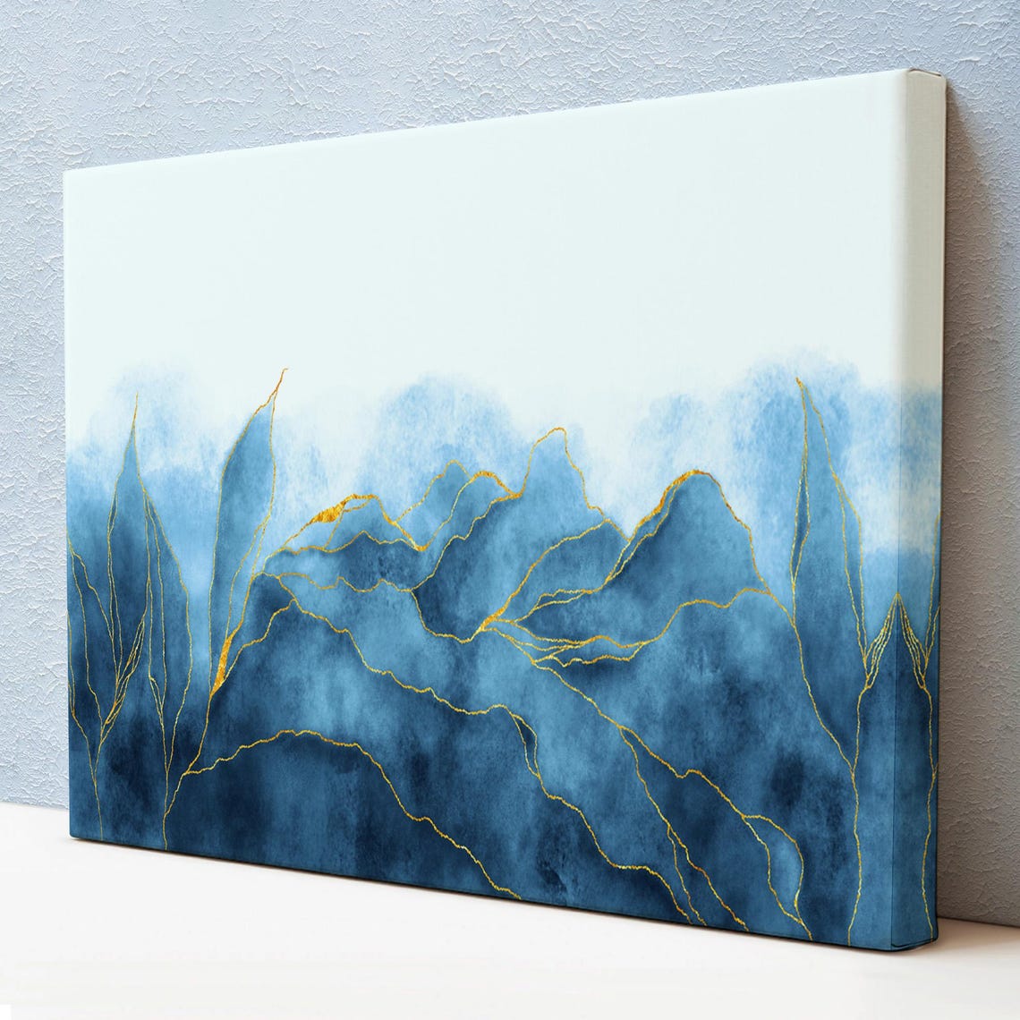Blue Watercolor Mountains Gold Vein Lines Minimal Abstract Wall Art