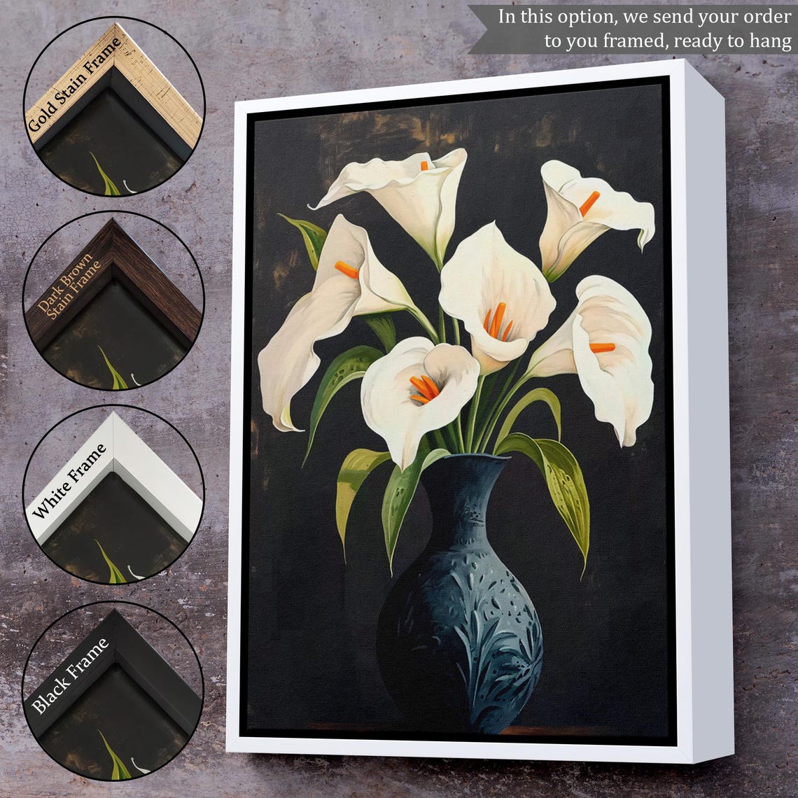 White Calla Lilies Dark Vase Elegant Floral Still Life Canvas Poster - Image 3