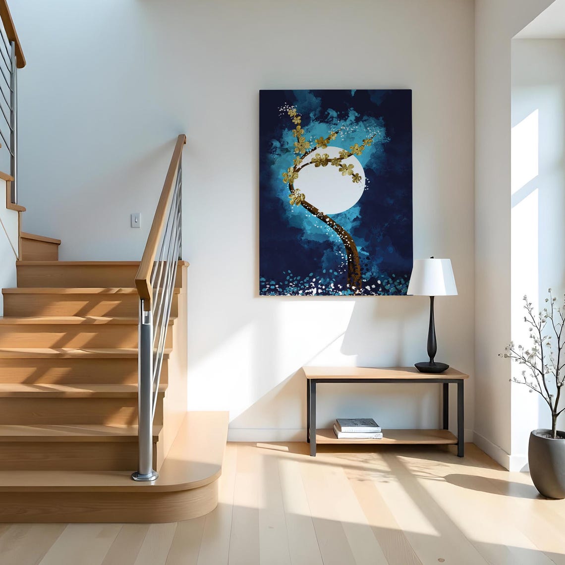Golden Blossom Branch Full Moon Deep Navy Abstract Modern Art Print - Image 2