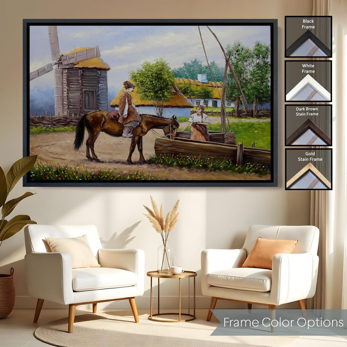 Horse Rider At The Village Windmill Folk Countryside Art Poster - Image 2