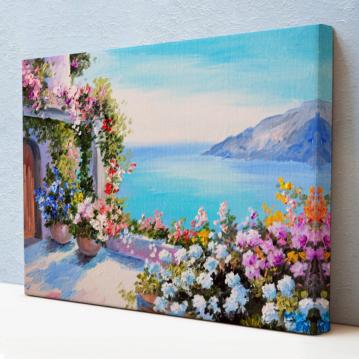 Coastal Terrace Flower Arch Mediterranean Sea View Art Print