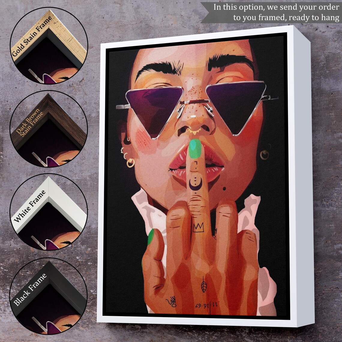 Stylized Woman In Triangle Sunglasses Making Shh Gesture Pop Art Poster - Image 3